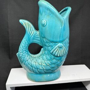 VTG Blue Ceramic Fish-Shaped Pitcher 12 in Glossy Pottery Crackle Glaze See Pics